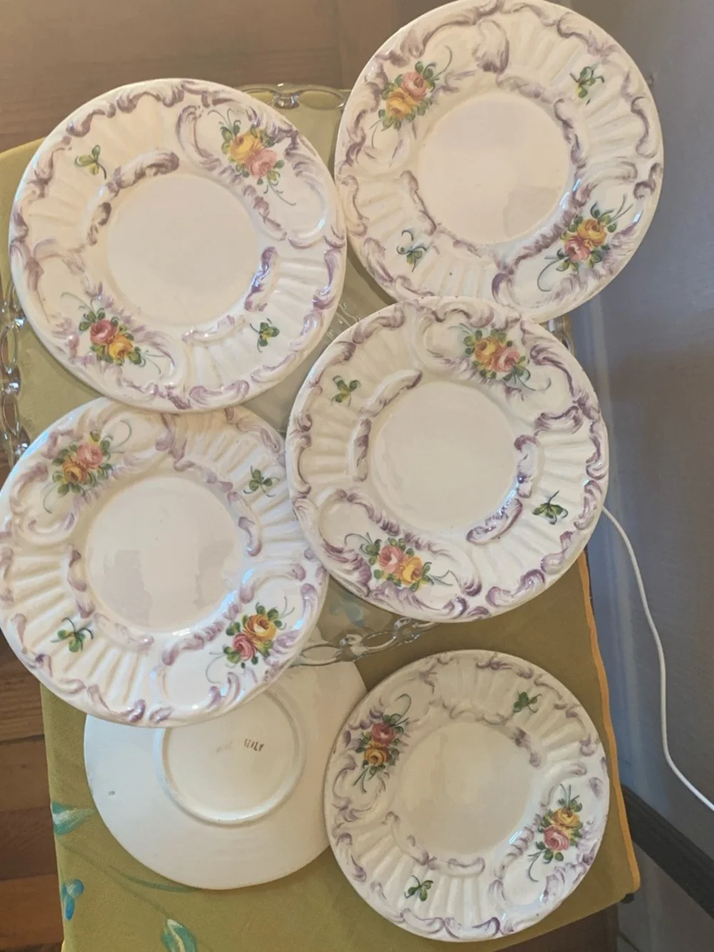 ITALY marked Floral Dessert Plate Set in Purple and Yellow – Old - S/6